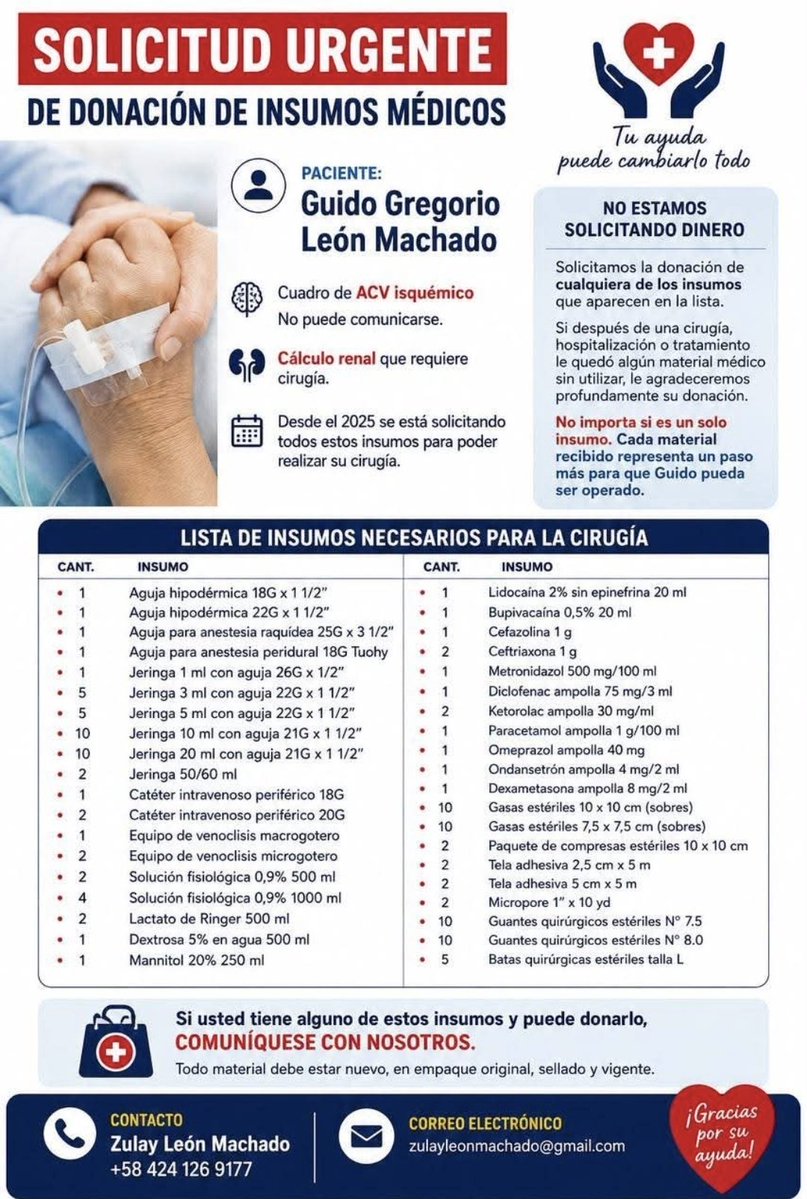 MariaesPueblo's tweet photo. URGENCIA: SALVEMOS LA VIDA DE GUIDO GREGORIO LEÓN

Para quiénes no lo conocen: Guido ha sido un ser humano entregado y consecuente con sus ideas humanistas.

Durante años ha procurado, con obstinada consecuencia y amor por la humanidad, equipos, insumos, operaciones y tantas cosas más para ayudar a los demás, sin distingo de ninguna clase.

Ha sido un defensor insigne de los Derechos Humanos en todos sus ejes, muchas veces en detrimento de su propio patrimonio.

Hoy me parece inconcebible que haya llegado a este estado de salud, pese a los incesantes petitorios que se han hecho en las diferentes instancias del gobierno nacional.

Muchos actores del alto gobierno lo conocen por su pertinaz lucha.

Esta vez le toca a él ser receptor del apoyo del gobierno y de las organizaciones privadas.

No dejemos que la historia se escriba con un fondo fatal. Está en nuestras manos salvar la vida de nuestro querido Guido.

MADM  ❤️