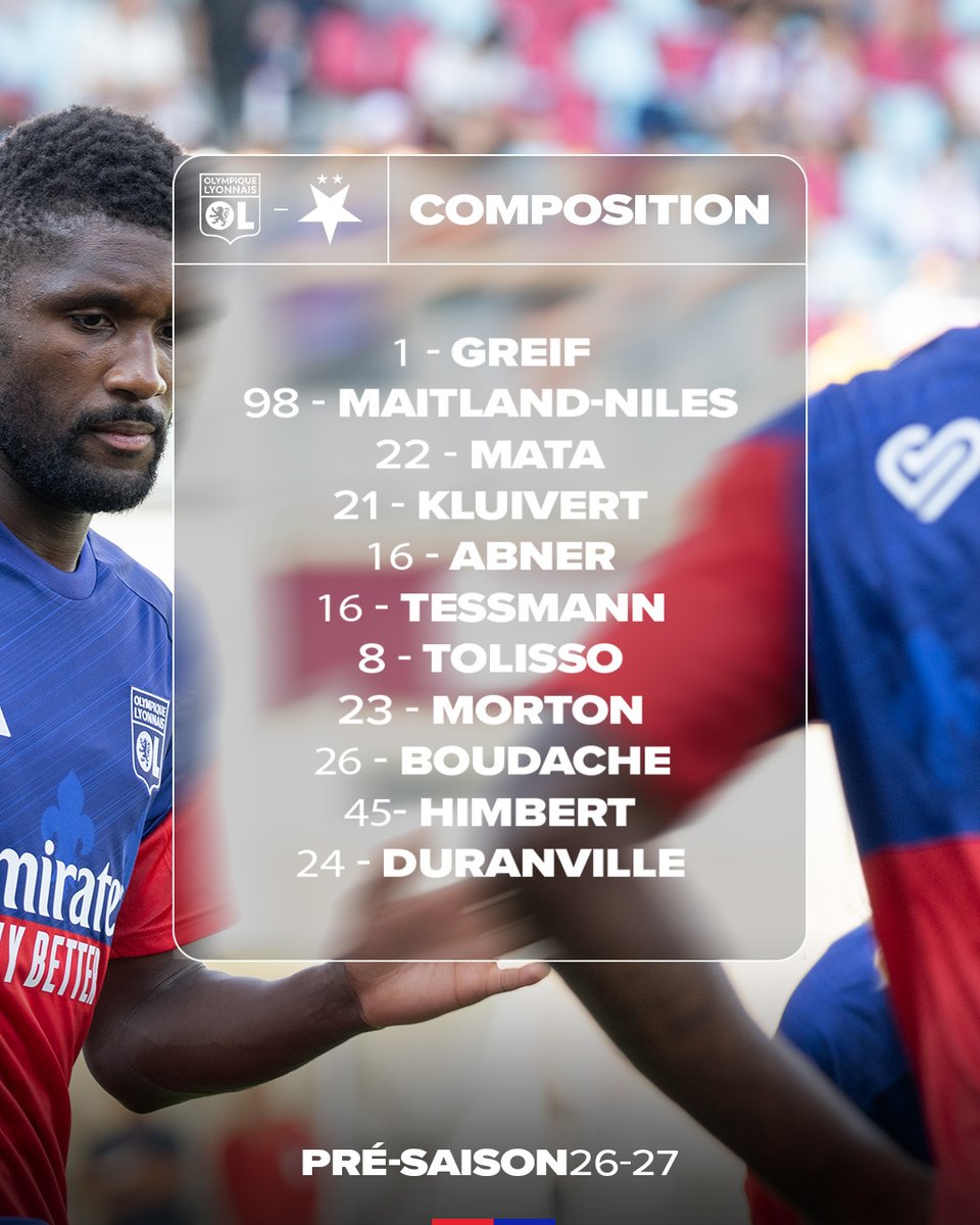 OL's tweet photo. Notre XI de départ pour ce 4ᵉ match de préparation ! 🔴🔵

Match à suivre en direct sur @OLPLAY_Officiel et gratuitement sur notre Zone Membre YouTube ⤵️
https://t.co/szeffqHUxE

#OLSKSP https://t.co/9UflAnHY5K