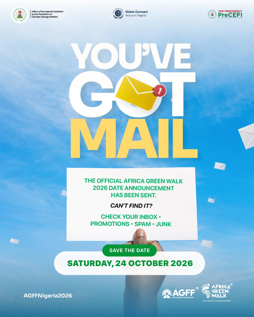 agfforum's tweet photo. 📩 You've Got Mail!

The official Africa Green Walk 2026 Date Announcement has been sent to all registered participants.

📅 Date: 24 October 2026
📍 Venue: Moshood Abiola National Stadium, Abuja https://t.co/D7CK9QBuN8