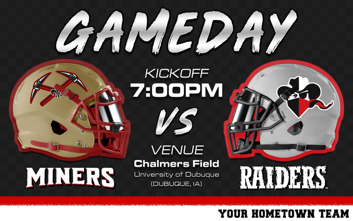 RacineRaiders's tweet photo. GAMEDAY!! 🏈

Racine Raiders (9-0) @ Dubuque Miners (8-2)

⏰ 7:00pm CT
📍 Chalmers Field  
📺 https://t.co/XYrta4o7u0 (FREE)
📻 1290 AM https://t.co/HEuUvlOj8B

#YourHometownTeam | #MWUF https://t.co/PGJ4srHhN2
