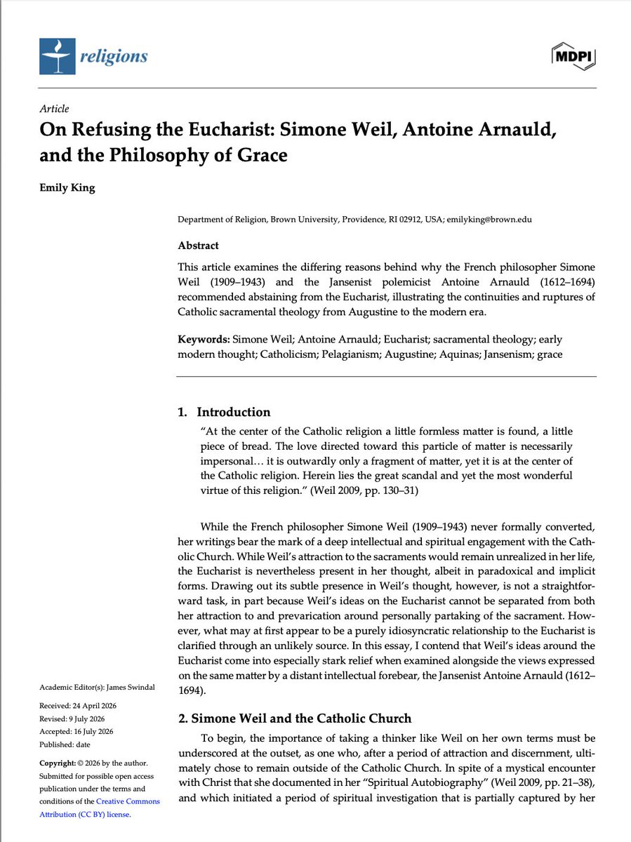 BSEliot2's tweet photo. What did Simone Weil share in common with the Jansenist Antoine Arnauld? 

I'm happy to share my first academic publication comparing Weil to a lesser known early modern figure for a special issue for @Religions_MDPI on the Eucharist.

https://t.co/EOol7ltflQ https://t.co/hmMyPhtam7