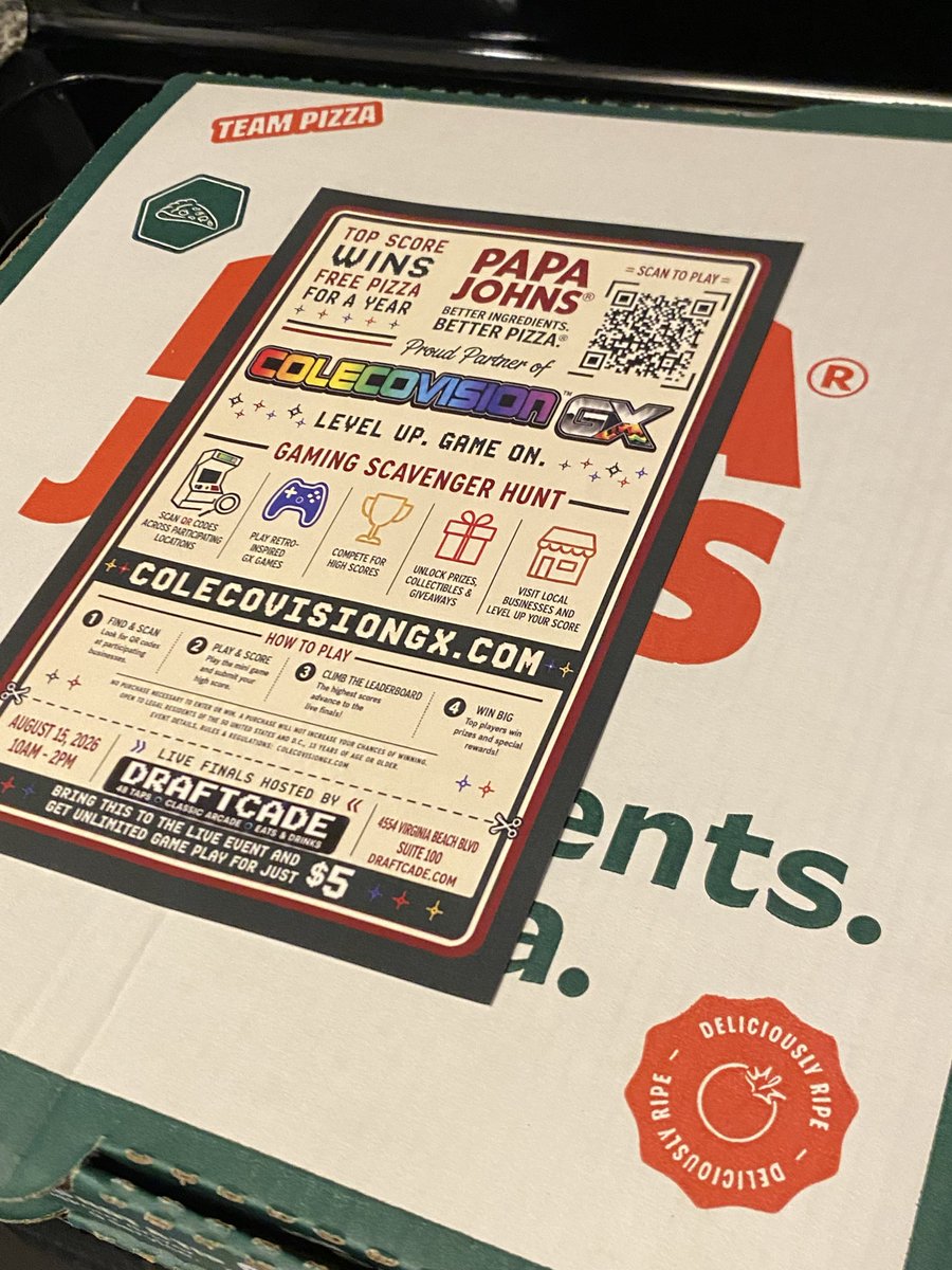 quikflip757's tweet photo. Remember when people said this would never happen?

Well…

That’s a real Papa Johns pizza box.
That’s a real ColecoVisionGX onchain game.
That’s a real chance to win Free Pizza for a Year.

This is how we grow the pie. https://t.co/sO4eJ3Esxi