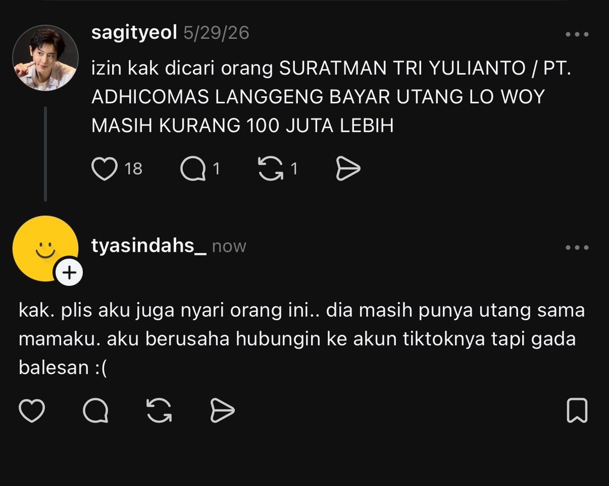 dilfyeol's tweet photo. help rt/like please please, aku masih cari orang. dia punya hutang sama mama ku ratusan juta, sisa 100 JUTA LAGI YANG BELUM DI BAYAR!

SURATMAN TRI YULIANTO / PT. ADHICOMAS LANGGENG

istrinya kerja sebagai PNS di Kementerian Sekretariat Negara.
Mama ku nagih uang udah kaya ngemis-ngemis janji mau cicil perbulan 5-10juta ini udah 3 TAHUN LEBIH belum lunas.