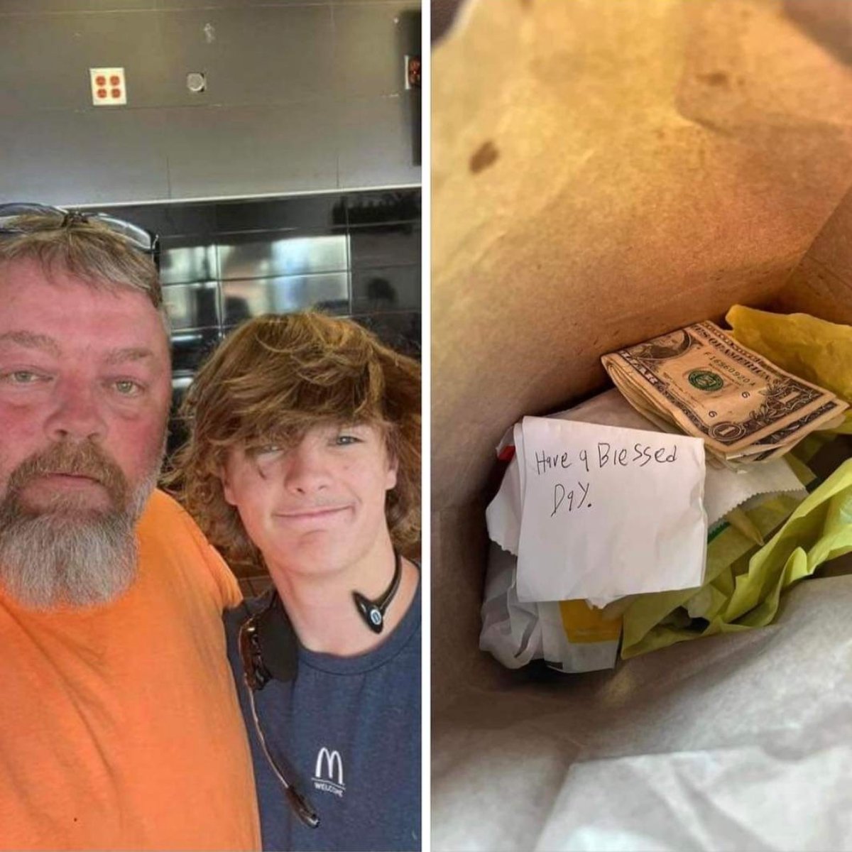feelgoodtale's tweet photo. want to brag on this young man named Hayden working at McDonald’s at exit 8 on 25E near i81. I stopped in there for a quick bite to eat on my way home. I ordered and used my card. My card would not work for nothing.

My total was 8 bucks. Before I realized it the cashier Hayden took his debit card out and swiped it and said I got you, don’t worry about it. I said no no just void it please. He said no sir I got got it. The only cash I had was 4 one dollar bills, I made him take the 4 bucks and told him I would be back. I thanked him, he handed me my bag and I left.

I get to my truck and in the bag is the 4 bucks and my receipt that says “Have a Blessed Day”. Well young man, you did bless my day and Thank you and never loose that giving heart. The world is a better place with you in it. I had to go back in and get a picture with him so I could brag on him because he deserves it.