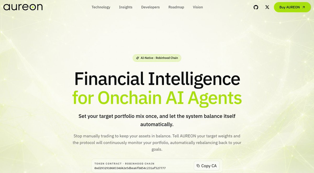 Whale_AI_net's tweet photo. $AUREON @buildaureon

automated portfolio rebalancing for onchain AI agents on Robinhood Chain.

define your target weights once. the protocol monitors drift 24/7, locks in profits during spikes, and rebalances back to your goals automatically — all through smart contracts.

no manual trading. no chart watching.

built for AI agent treasuries. open source SDK on GitHub.