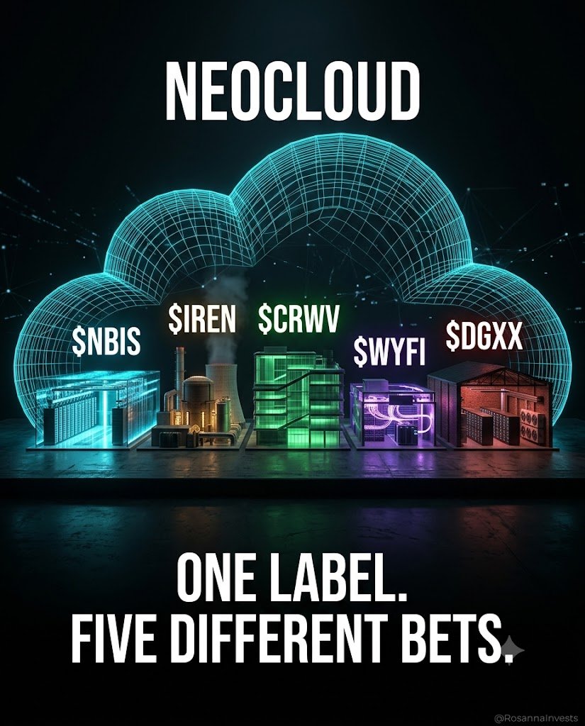 RosannaInvests's tweet photo. ☁️ "Neocloud" might be the most dangerous word in this market. Not because the businesses are bad. Because one label is pricing five different companies.
$WYFI $DGXX $CRWV $IREN $NBIS 

Under that single word right now:
→ Companies that own their power, and companies that rent it
→ Contracts with investment-grade anchors, and contracts with startups burning runway
→ Balance sheets funding growth with equity, and ones stacking converts on vendor debt
→ Operators converting megawatts today, and stories converting them in 2027

When the label trades as one basket, the strongest name in it gets sold at the weakest name's multiple. That's the entire opportunity. Basket selling is indiscriminate by construction, and indiscriminate is where sorting pays. 🔍

The four questions that separate the tier: Who owns the electrons? Who signed the anchor? What's the debt stack? What converts THIS year?

The ledger: capex-hungry, financing-sensitive, and the funding window is the tripwire for every one of them. The label will keep trading as one trade. The filings never did.

DYOR. Not FA.