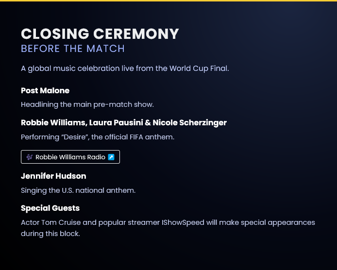 i3radio1's tweet photo. Closing Ceremony Before the Match
A global music celebration live from the World Cup Final.
Post Malone
Robbie Williams, Laura Pausini &amp; Nicole Scherzinger
Jennifer Hudson
Tom Cruise
IShowSpeed
https://t.co/daXOaP0Z2R https://t.co/z5AHMzgcYG