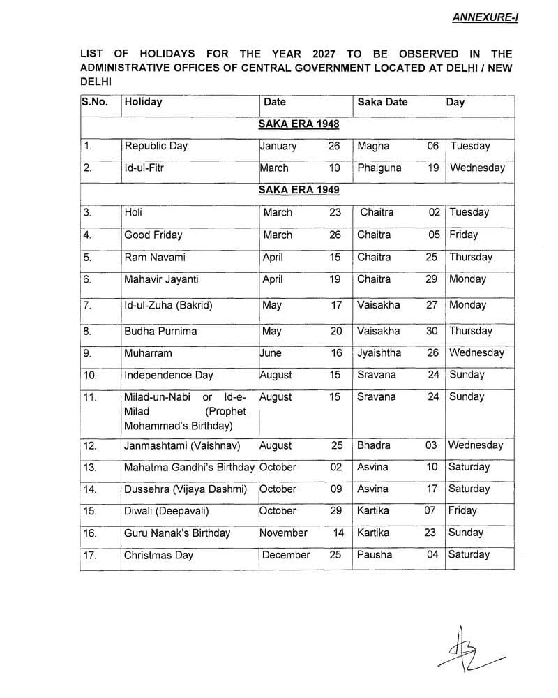 StaffNews_In's tweet photo. List of Holidays for the Year 2027 (Gazetted) to be observed in Central Government Offices located at Delhi/New Delhi
https://t.co/aDZwSYs10L
#DoPT #Holiday2027 #GazettedHolidays #CentralGovtEmployee #Staffnews https://t.co/QNG5QOUowd