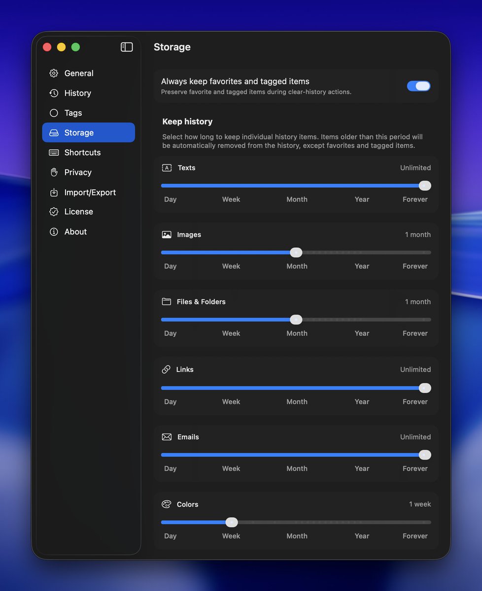 clipbook_app's tweet photo. Select how long to keep individual history items. Items older than this period will be automatically removed, except favorites and tagged items. https://t.co/PSyVWtefDo