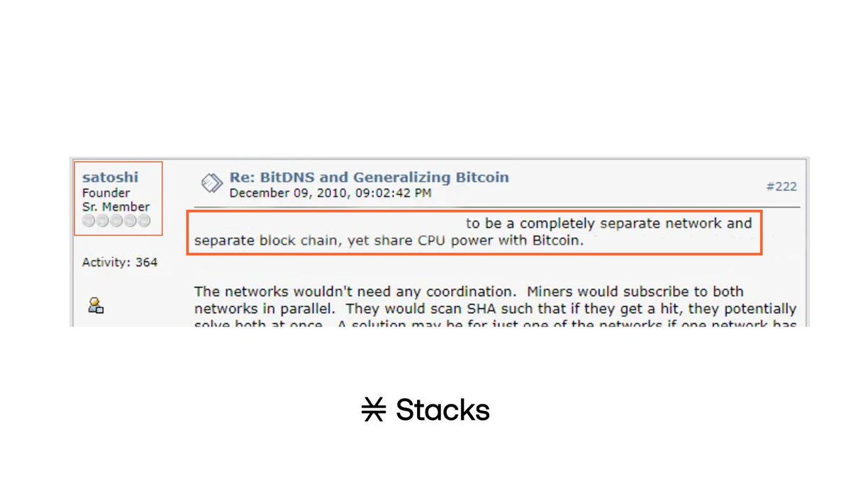 Stacks's tweet photo. Satoshi had a vision. A separate network sharing CPU with Bitcoin.

Stacks: secured by 100% of Bitcoin's hash power and bringing Bitcoin-native finance to life. https://t.co/LzQ7ACN6Uz