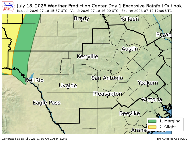 ScannerAtx's tweet photo. WPC issues Day 1 Slight Risk Excessive Rainfall Outlook at Jul 18, 15:57z for EWX https://t.co/48PU46xc7C https://t.co/QuevF9WEfb