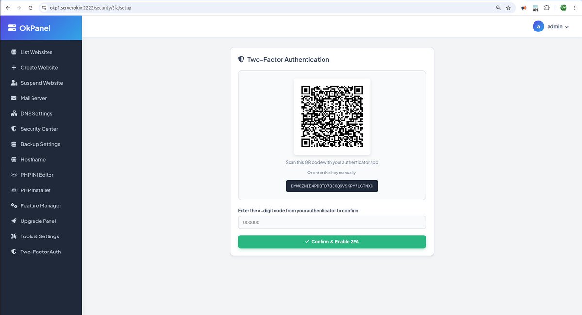 serverokin's tweet photo. New in OKPanel: Two-Factor Authentication.

Scan a QR with any authenticator app and your panel login is protected by TOTP — for both admins and site users.

✅ Secrets encrypted at rest
✅ One-time recovery codes

Free Hosting control panel 👉 https://t.co/yb91C1N1N4 https://t.co/FgvTB3dDOu