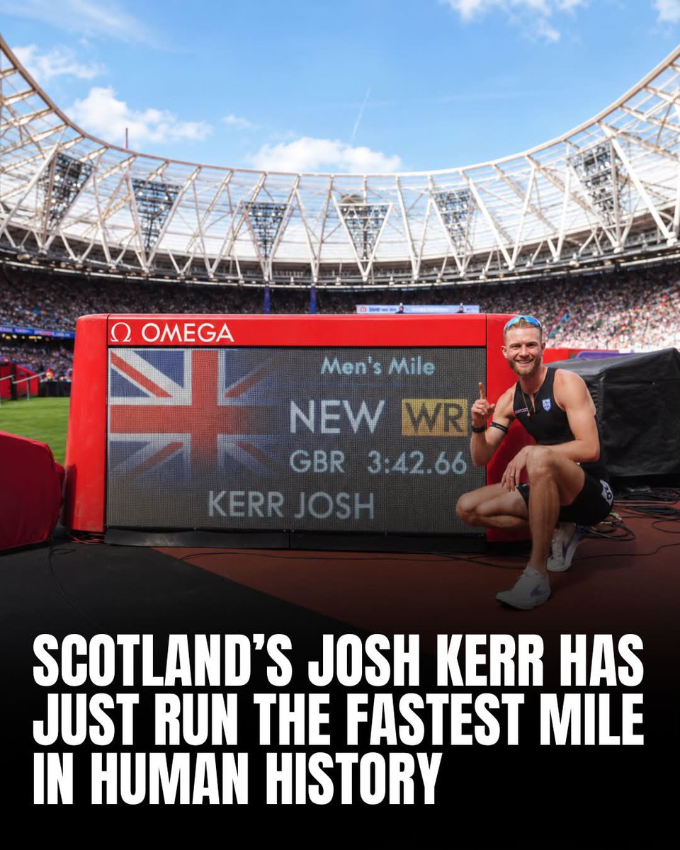 1scottishbanter's tweet photo. Edinburgh’s Josh Kerr has just broken the mile world record — 3:42.66 — a record that stood for 27 YEARS. 🤯

Incredible achievement! 🏴󠁧󠁢󠁳󠁣󠁴󠁿 https://t.co/ggfIn34Ede