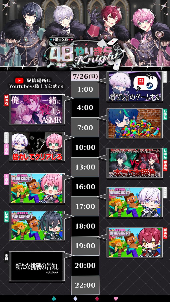 Info_KnightX's tweet photo. /／
7/24(金)22:00-7/26(日)22:00
48時間生放送開催決定！
\＼

『騎士Xの48時間やりきらKnight』
タイムスケジュールを公開⚔️🔥

最終枠では新たな挑戦の発表も！？
伝説を見逃すなーー。
#48hやりきらKnight https://t.co/phNubK74rG