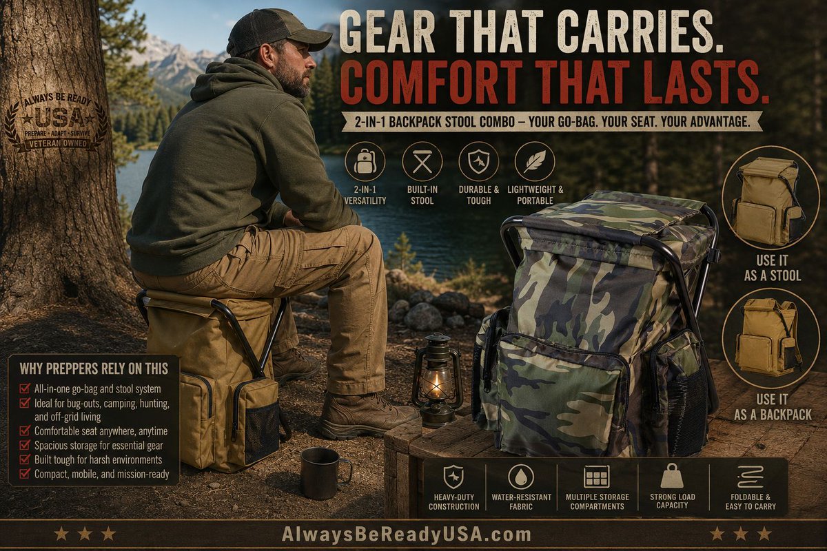 AlwaysBeReadyUS's tweet photo. Backpack-Stool Combo 2-in-1 survival carry system perfect for camping, events, travel, and emergencies. Lightweight, compact, and built to last.
https://t.co/Y9rNYkoBvJ
https://t.co/I2fRwH4wCv
#SurvivalGear #GoBag #OutdoorGear #EmergencyPrep #CampingEssentials #BeReady https://t.co/y0WUEzRIbu