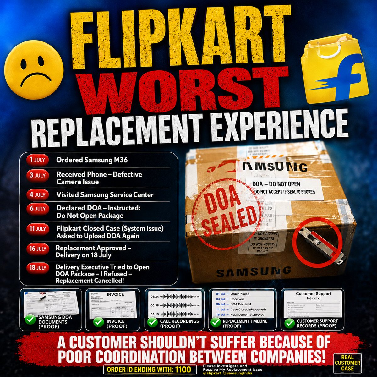m_king28's tweet photo. @flipkart is this how you to treat your Customers?
My son Aman ordered a Samsung M36. we found this is defective. Replacement is still pending.
I request everyone to please share this post so that @Flipkart notices this issue and no other customer has to face the same experience. https://t.co/iXjKRpR4ZU