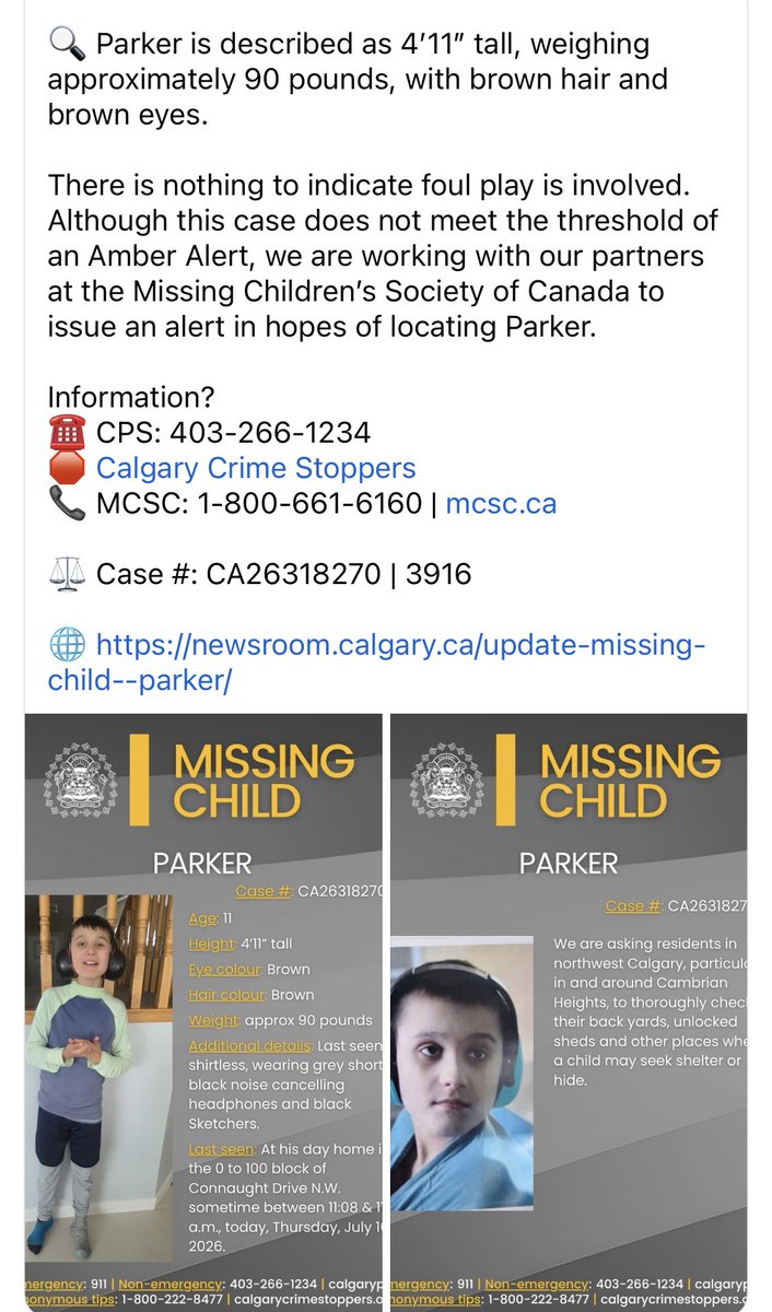 TheBlueGem3's tweet photo. NW CALGARY! Parker has been missing for three days. Please call the police immediately if you see him. This is a family I know personally and they need the public’s help. Thank you! https://t.co/4heRs9y6nw