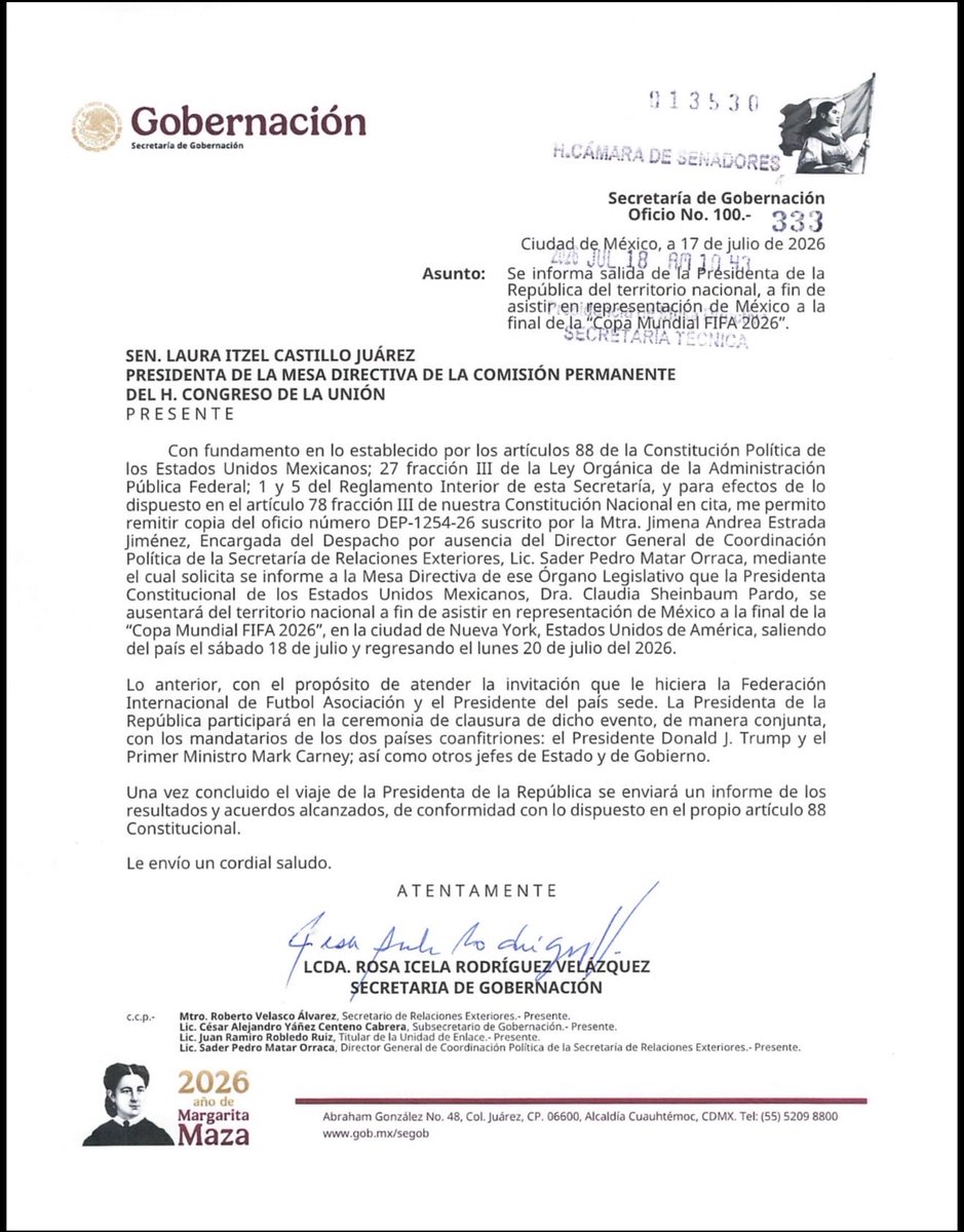 LauraI_Castillo's tweet photo. Buen día, hace unos minutos recibimos la Comunicación de la Presidenta @Claudiashein en la que informa a la Comisión Permanente, observando el artículo 88 constitucional, que saldrá del país para asistir al partido de la Final del Mundial de Futbol 2026 que coorganizó México junto con Estados Unidos y Canadá, atendiendo la invitación de Donald Trump, Presidente de Estados Unidos de América.