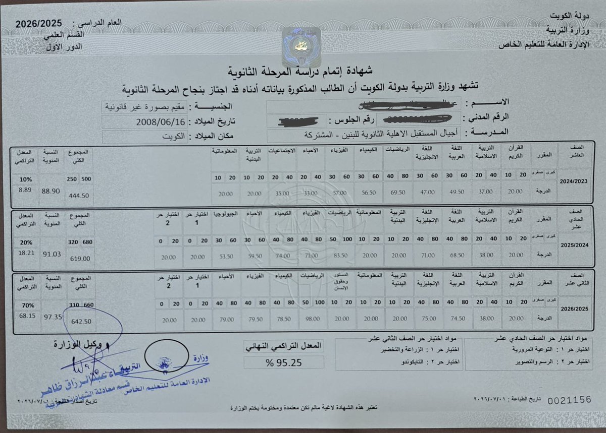 m7tar73's tweet photo. @falarbash شاب من البدون توه متخرج من الثانوية العامة بنسبة ٩٥ ٪ علمي وطموحه العمل في المجال الطبي لخدمة أهله في هذا البلد الطيب وهو من حملة احصاء سنة ١٩٦٥ ويناشد اهله من ذوي الايادي البيضاء في تبنيه دراسيا وان يكون ذلك العمل في ميزان حسناتهم يوم القيامة وهو شاب مصلي وعلي خلق . https://t.co/v1yLBFIK09