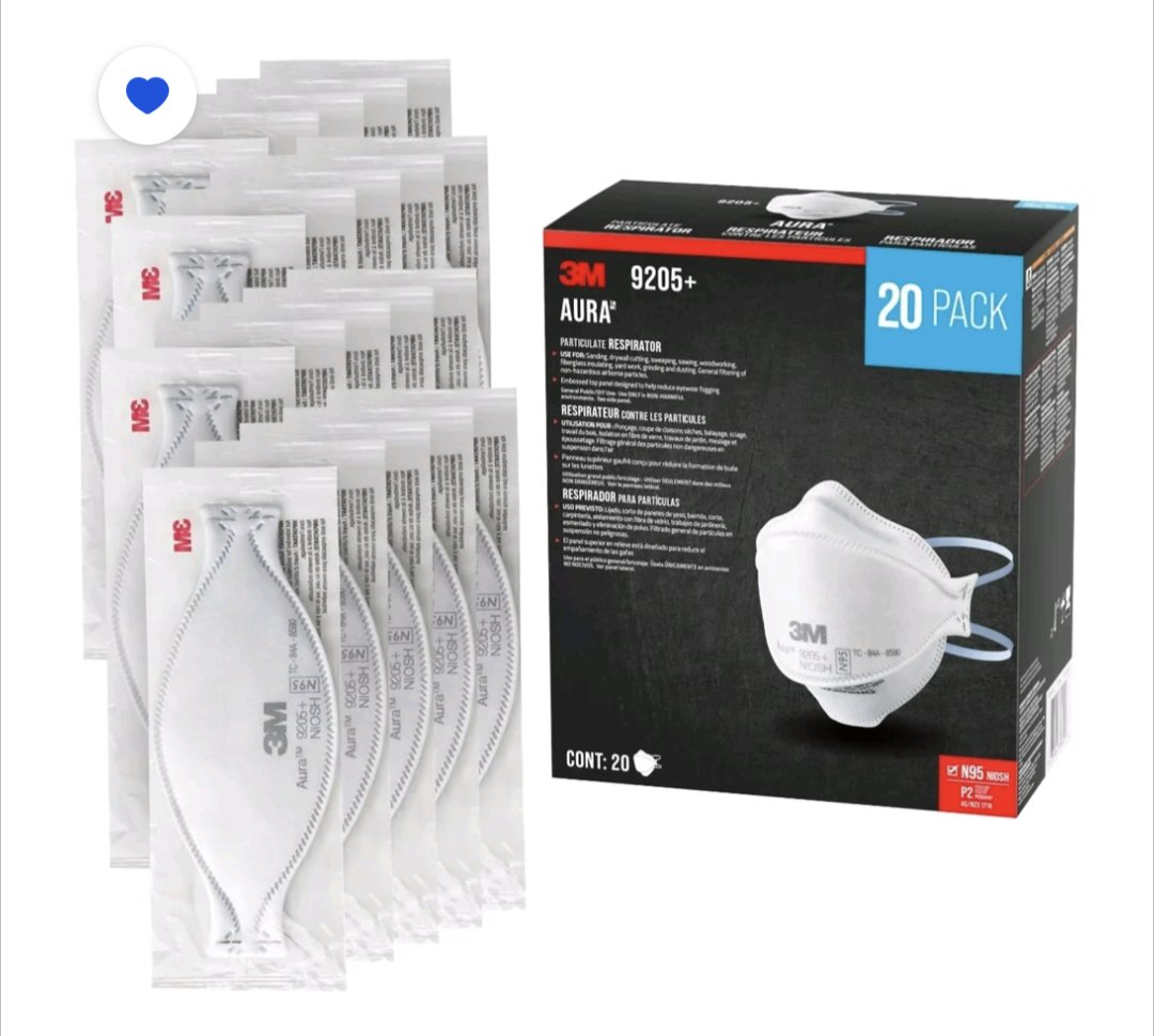 product display of the 3m 9205 aura n95 respirator mask. this box of 20 contains individually wrapped masks.