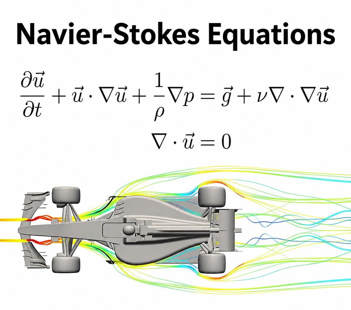 mathemetica's tweet photo. Navier-Stokes equations describe the motion of fluids by balancing the rate of change of momentum with forces from pressure, viscosity, and gravity while maintaining zero divergence for incompressible flow: 

∂𝐮/∂t + 𝐮 · ∇𝐮 + (1/ρ)∇p = 𝐠 + ν ∇·∇𝐮, with the continuity condition ∇·𝐮 = 0. 

Numerical solutions of these equations produce the streamlines shown interacting with a Formula 1 car. Racing teams use them in computational fluid dynamics to design aerodynamic features that boost downforce for better cornering and cut drag for higher top speeds.
