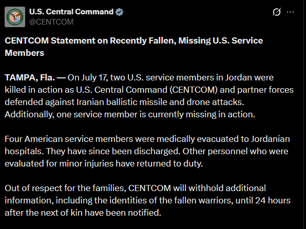 MarioNawfal's tweet photo. 🇮🇷🇺🇸 🇺🇸 BREAKING: Two American soldiers have been killed in Iranian missile strikes against Jordan, U.S. Central Command confirms.

One soldier is currently MIA. Four others urgently evacuated to Jordanian hospitals.

This is the first confirmed U.S. military fatalities from direct Iranian strikes since the war resumed.

Writer: Oliver