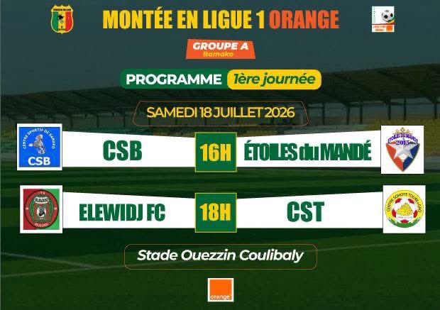 femafoot's tweet photo. 𝐌𝐨𝐧𝐭𝐞́𝐞 𝐞𝐧 𝐋𝐢𝐠𝐮𝐞 𝟏 𝐏𝐫𝐨 𝐎𝐫𝐚𝐧𝐠𝐞 | Le tournoi démarre ce samedi 18 juillet avec la poule « A » basée à Bamako. 
Rendez-vous cet après midi au Stade Ouezzin Coulibaly à partir de 16H. 

NB : L’entrée au Stade est gratuite !
Voici le programme de la 1ère journée https://t.co/xPhPpZyDUz