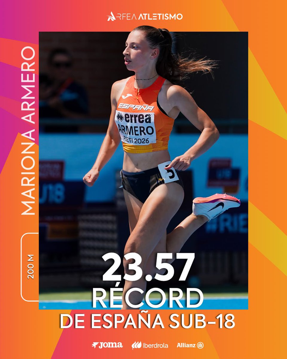atletismoRFEA's tweet photo. PERO QUÉ ACABA DE SUCEDER EN #Rieti2026 🤯🤯🤯

Mariona Armero es la nueva Campeona de Europa de 200m 🥇

¡Batiendo el Récord de España de 23.61 de @JaelBestue de 2017!

⏱️ 23.57 🆕

Primera medalla para el 200m🚺 en un Europeo sub18

#EspañaAtletismo #PasiónPorCompetir

@rtveplay📺 https://t.co/TCB9x2Cipv
📊 https://t.co/aHGjd0zr2T
📸 https://t.co/4eEXdDdiko