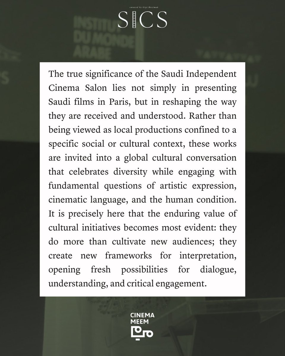 cinemameemEN's tweet photo. Not another festival. Not a red carpet. A salon — where Saudi independent cinema is seen, heard, and genuinely discussed. Paris was no coincidence: the birthplace of auteur cinema became the stage for Saudi filmmakers who speak that same language. https://t.co/PmYqFw34Bz