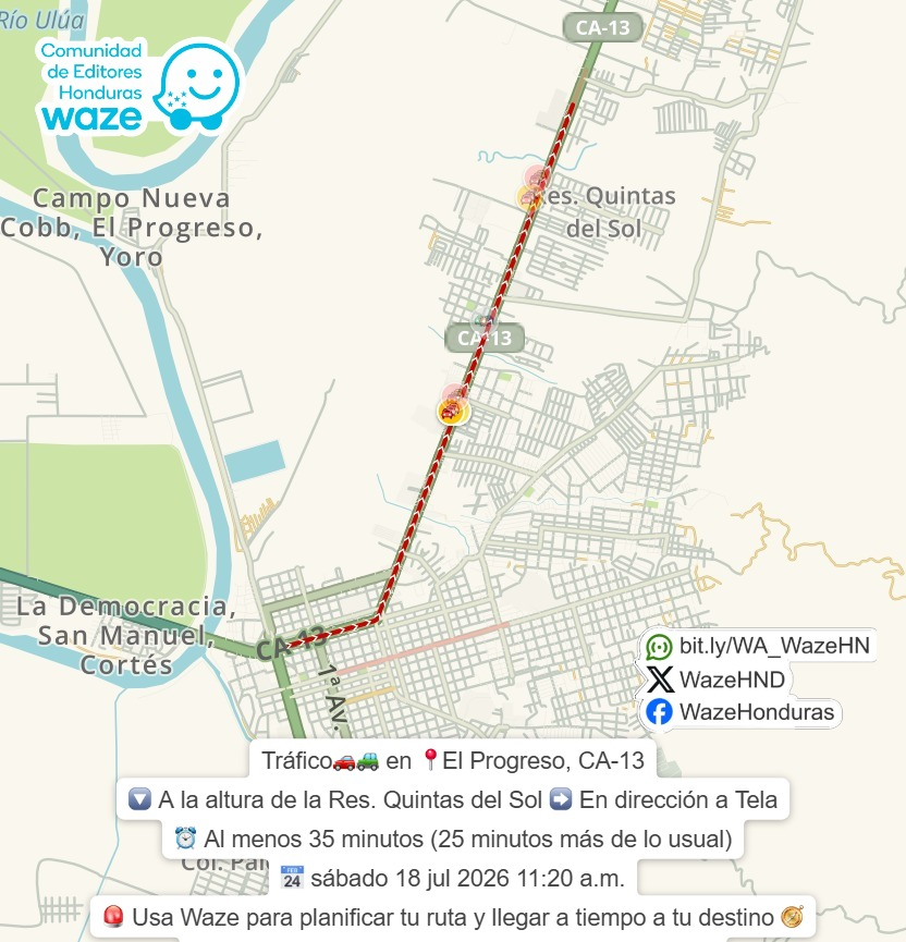 WazeHND's tweet photo. #Trafico🚗🚙 en 📍#ElProgreso, CA-13
🔽 A la altura de la Res. Quintas del Sol ➡️ En dirección a #Tela
🚨 Usa #Waze para #Planificar tu #Ruta y llegar #ATiempo a tu #Destino 🧭
👉 Síguenos en redes sociales https://t.co/IAM8rj0Tep https://t.co/jrvemYIsnL