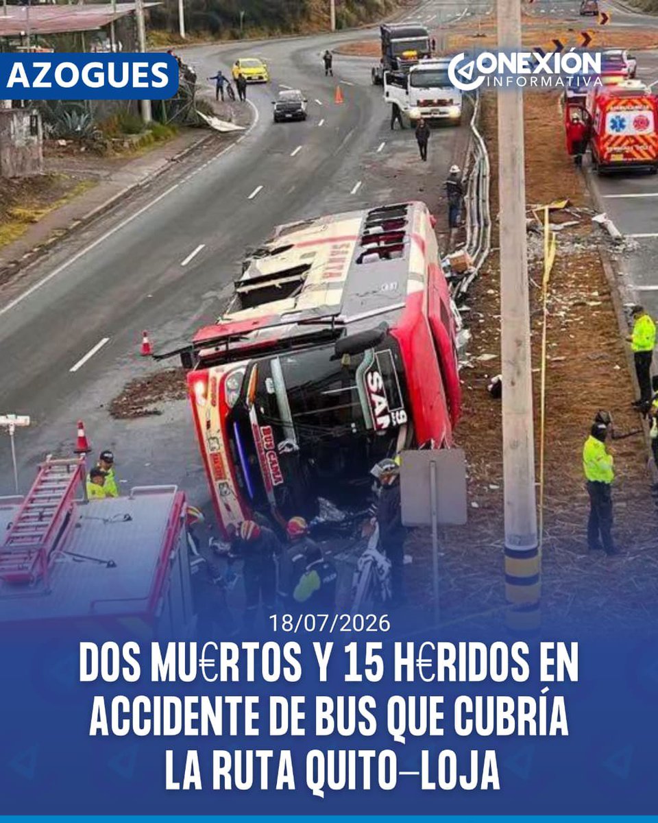 ConexionECU's tweet photo. #Azogues | Un bus interprovincial que cubría la ruta Quito-Loja se volcó la madrugada de este 18 de julio, dejando dos personas fall€cidas y 15 h€ridas. 💻 https://t.co/fl3KHGCLHy https://t.co/hgMUpbXbSP