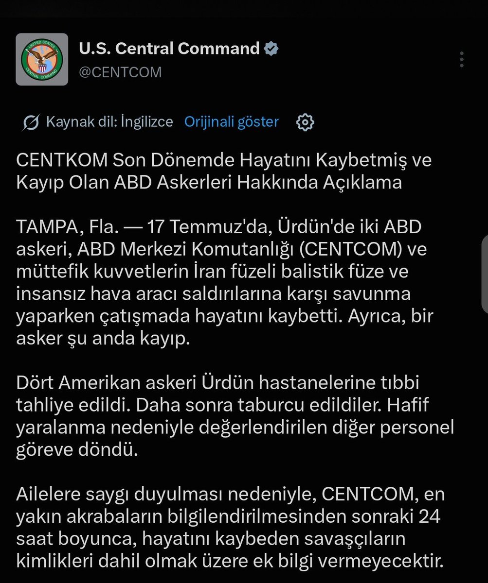 perde_arkasi1's tweet photo. 🔴 CENTCOM

اعلنت القيادة المركزية الأمريكية تعلن مقتل جنديين أمريكيين في هجمات صاروخية شنتها إيران على الأردن.

كما يُجرى البحث عن جندي آخر مفقود

 وتم نقل أربعة جنود اخرين إلى المستشفيات الأردنية لتلقي العلاج الطارئ. https://t.co/jyzIOlFjZd