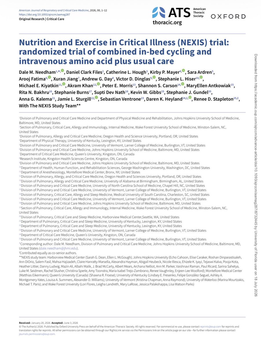 OrlandoRPN's tweet photo. La idea de que si vas a movilizar al paciente tempranamente en UCI (lo que Debe ser) tienes que otorgarle mayor cantidad de Proteínas (2 g/kg/dia) que viene en la guía ESPEN (porquería) se acaba de caer

Ya salió el estudio NEXIS, suplir con mayor cantidad de proteínas no mejoró ningún desenlace ❌ en los pacientes en UCI con movilización temprana con cicloergómetro

https://t.co/pxoDxa8V9K