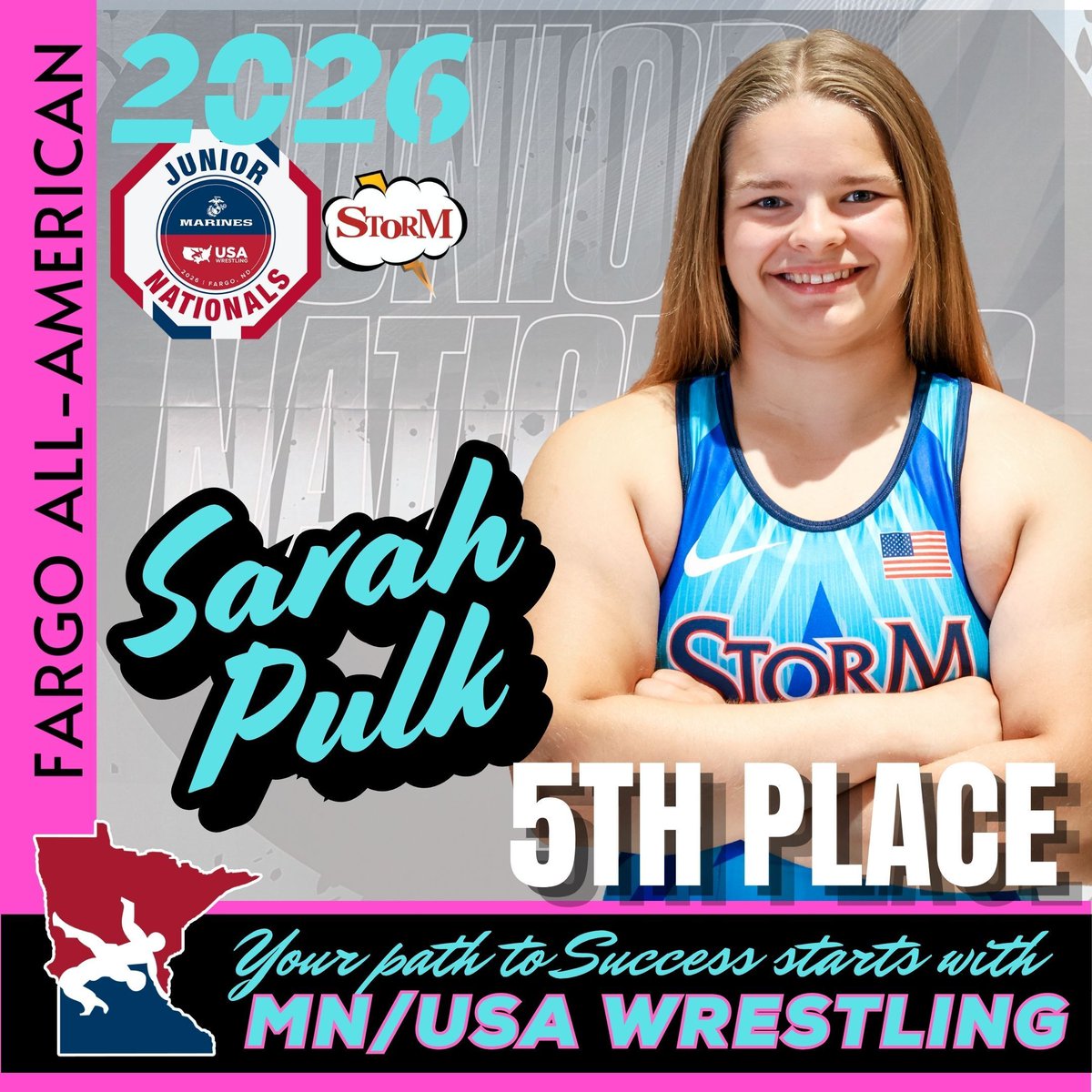 MNUSAW's tweet photo. Way to go Sarah and congrats on a great Fargo tournament with your 5th place finish. #mnusawrestling #MNstorm https://t.co/o5x1cS6yUi