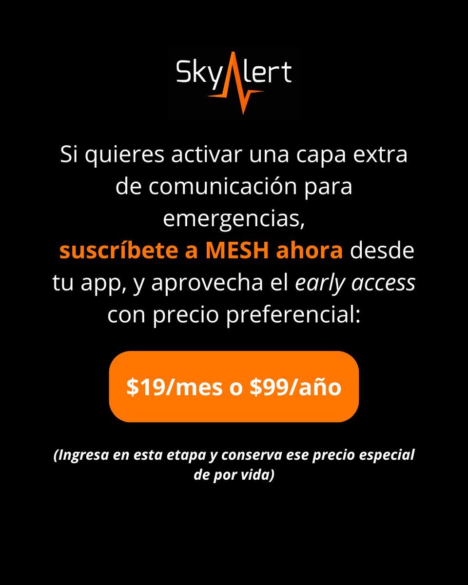 SkyAlertMx's tweet photo. Lo que sucedió ayer en Chiapas nos recuerda algo cierto pero difícil de aceptar: ❌no basta con recibir una alerta. También necesitas preparar un plan B para comunicarte cuando todos intentan hacerlo al mismo tiempo.

Después de un sismo fuerte, las llamadas, los audios y los mensajes largos pueden jugar en tu contra 🤯 Por eso, tener protocolos con tu familia puede hacer la diferencia: qué canal usar, qué mensaje enviar, a quién reportarte y cómo pedir auxilio con claridad.

Y si deseas tener una capa extra de comunicación para emergencias cuando no haya 📵datos móviles, 🛜Wi‑Fi o 📴servicio celular, únete a los miles de personas que ya cuentan con MESH. 

Suscríbete AHORA MISMO DESDE TU APP y aprovecha la fase de early access con precio preferencial de por vida 🚀

⚠️(Si aún no tienes la app, descárgala en https://t.co/wSfsfa2SNy)

#Sismo #ProteccionCivil #Prevencion #Emergencias #SeguridadFamiliar