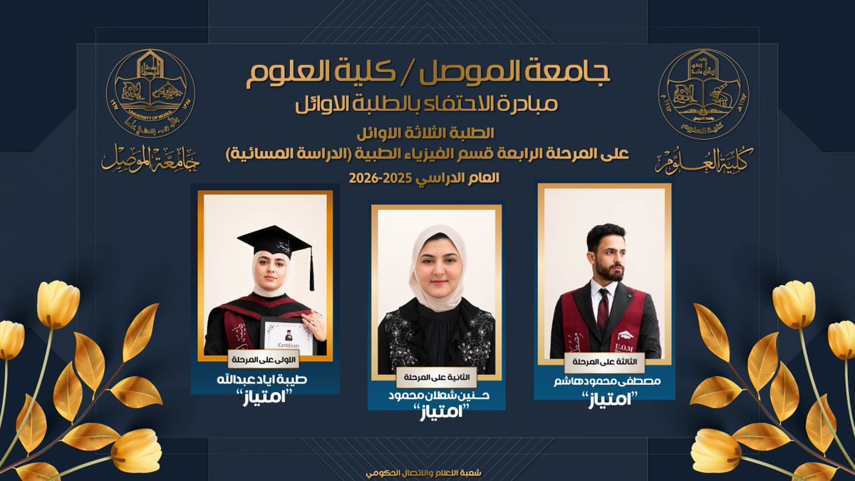collegeofscienc's tweet photo. كلية العلوم تحتفي بأسماء الطلبة الثلاثة الأوائل على المرحلة الرابعة في قسم الفيزياء الطبية للعام الدراسي 2025–2026

 للاطلاع على تسلسل الطلبة العشرة الأوائل على المرحلة الرابعة، يرجى زيارة الرابط الآتي:
 
 https://t.co/CeLDzihen0كلية-العلوم-تحتفي-بأسماء-الطلبة-الثلا-3/ https://t.co/2d4s2e5RPp