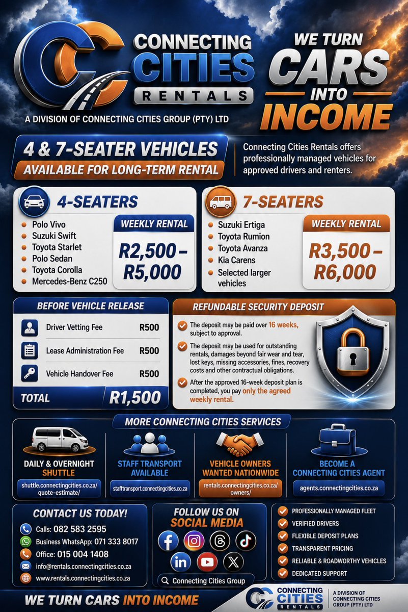 GILEJoBs_SA's tweet photo. 🚘 4 &amp; 7-SEATER VEHICLES AVAILABLE FOR LONG-TERM RENTAL

🌐 https://t.co/mTRkDlQ6Tb

🚐 Daily &amp; Overnight Shuttle
🌐 https://t.co/PuMmQrHgox
👥 Staff Transport
🌐 https://t.co/cWO57fMj7V
🤝 Vehicle Owners
🌐 https://t.co/3FNyFlyIbm
💼 Become our Agent
🌐 https://t.co/BmIYHDbyaW https://t.co/MNZUIfFcGd