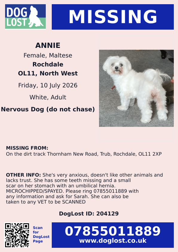 millypod1's tweet photo. π10 July 2026 #Lost ANNIE #ScanMe #STOLEN??
Maltese Female. Nervous Dog (do not chase) #STILLMISSING PLEASE SHAREπ’
On the dirt track Thornham New Road #Trub #Rochdale #GreaterManchester #OL11 https://t.co/bjVktrtkQT https://t.co/1Ki5WLFypu