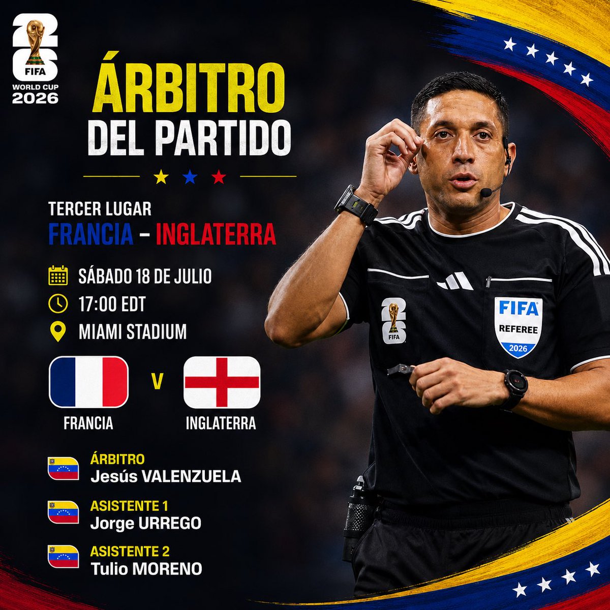 andreina's tweet photo. ¿Quién dijo que no estábamos en el Mundial? 🇻🇪

El venezolano Jesús Valenzuela será el árbitro del partido por el tercer lugar del Mundial 2026 entre Francia e Inglaterra, este sábado 18 de julio en el Miami Stadium.

Lo acompañarán también Jorge Urrego y Tulio Moreno,  como árbitros asistentes, conformando una terna completamente venezolana sobre el terreno de juego.

Un reconocimiento al talento, la preparación y el nivel alcanzado por el arbitraje venezolano en el fútbol mundial.

Pendientes! 

#Mundial #Venezuela #worldcup2026⚽️ #WorldCup