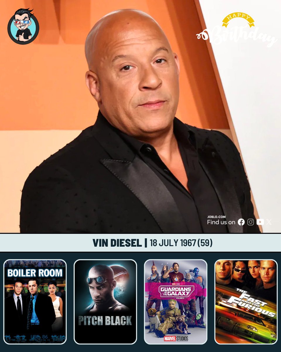 joblocom's tweet photo. Vin Diesel turns 59 today! 🎂
 #VinDiesel #FastAndFurious #BoilerRoomMovie #IAmGroot https://t.co/f2C1yVJpYe