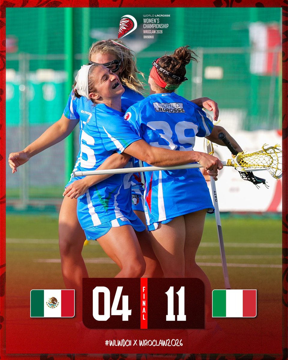 WorldLacrosse's tweet photo. GOLDEN STATE OF MIND 👑

Italy fires off 6 unanswered goals in the fourth quarter to run away with the first-ever World Lacrosse Women's Championship Division II gold medal! 🥇

#WLWCDII x #Wroclaw2026 https://t.co/2jrhkLAy6d