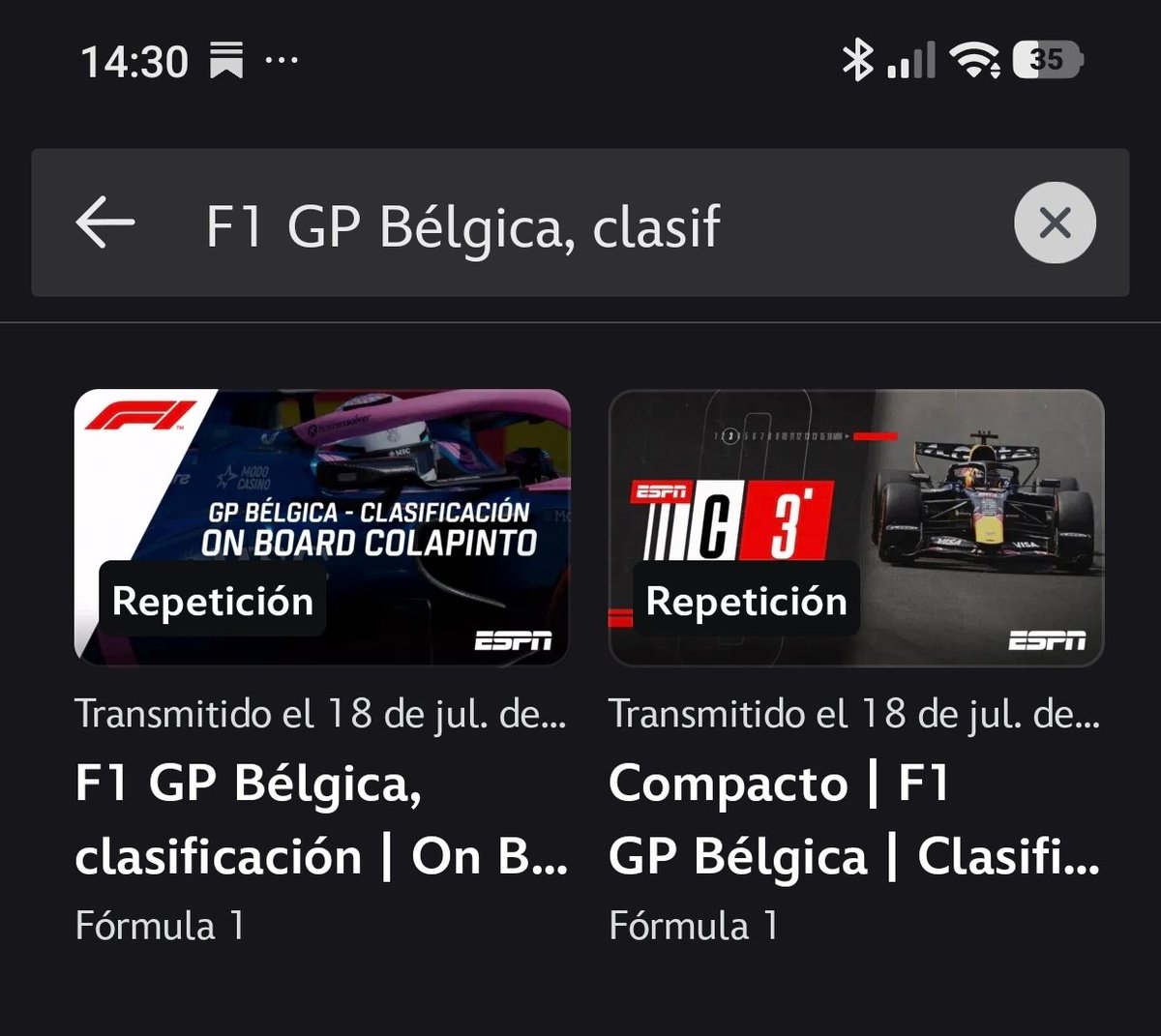 p__rios's tweet photo. @DisneyPlus, No está disponible el video de la repetición de la F1 GP Bélgica 2026, clasificación, que terminó hace pocas horas. Sólo están disponibles estos dos videos. ¿Cuando lo van a publicar? No es la primera vez que pasa con los videos de la F1. ¡Gracias! https://t.co/pSrGfC5Ezx