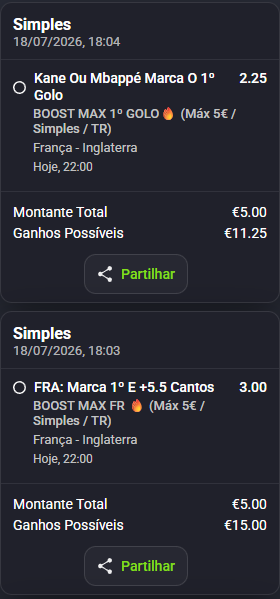 Bellocas7's tweet photo. Dia 41 | Boosts PT 🇵🇹
Mais dois boosts — Kane ou Mbappé a marcar primeiro?
Resultado ainda hoje 👇
Dia 40: +26.75€ | Acumulado: +378.20€
#BoostsPT #Mundial2026 https://t.co/VupDM7ibzH