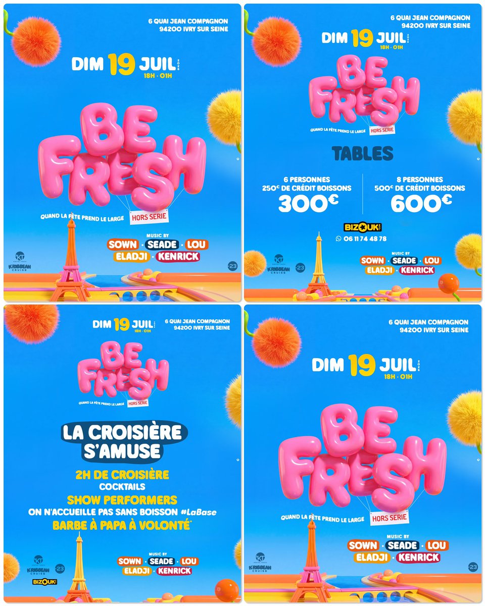 KREYOLTOUCH_'s tweet photo. 🥳🤩BE FRESH🤩🥳 «  La Croisière s’amuse »

🚢 🕗 20H • La fête prend le large

🌅 Embarquez pour 2 heures de croisière au fil de la Seine.

Les anciens connaissent…😇
Les nouveaux découvriront…🥰

🌺 Une croisière, un partage, une communion festive…

🎧 Aux Platines : Dj Seade / Dj Eladji / Dj Kenrick / Vj Lou / Dj Sown

▪️ RÉSERVATION DE TABLE(S) 📲 06 11 74 48 78 SMS ou WhatsApp uniquement

🔴La Billetterie (Lien en Bio) : https://t.co/z8zurzi7iW