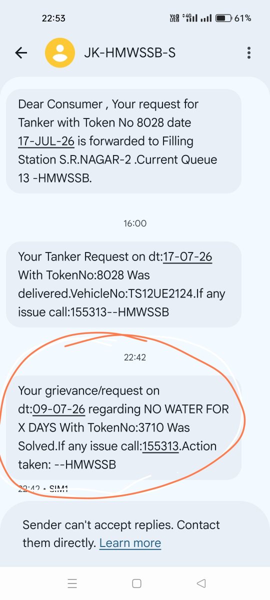 DRaghuNaik's tweet photo. @HMWSSBOnline @MDHMWSSB @hmwssbmgrsrngr @Hmwssbdgmsomgud @hmwssbgmom6 @revanth_anumula I reopened the ticket 3710 below are the messages screenshots received from HMWSSB. Such service defeats the purpose of the redressal system.
We request the higher authorities to intervene immediately, order a field inspection, and ensure the problem is genuinely resolved. https://t.co/NfjTl9a4Y5