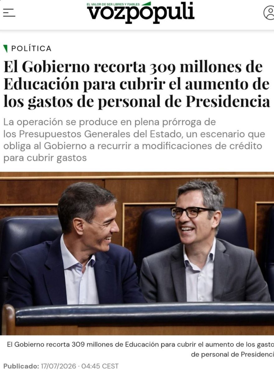 SaraHispania's tweet photo. 🇪🇸 ESPAÑA.

🔴🗞 El Gobierno recorta 309 millones de Educación para cubrir el aumento de los gastos de personal de Presidencia.

🔴✒️ Sánchez sigue aumentando su número de siervos a costa de reducir la Educación.
Ningún buen dirigente haria esto.

‼️Sánchez dimisión y Elecciones Generales ya.

💧Fuera corrupción y corruptos.
💧Todo apoyo a los Ejércitos, la Guardia Civil y la UCO, la Policía Nacional y la UDEF, el Servicio de Vigilancia Aduanera, la Justicia independiente y la Prensa libre.