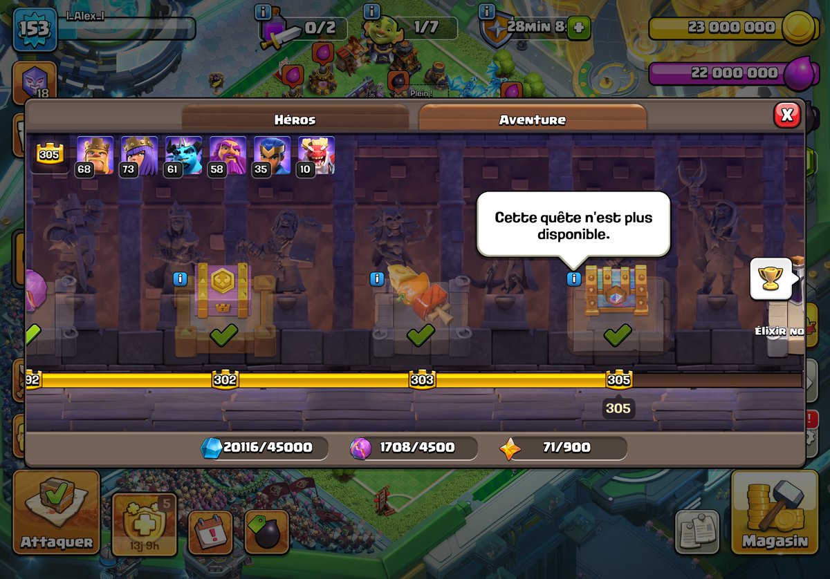 NGxAlex's tweet photo. @ClashofClans @ClashofClans Again, today just finished heroes levels 301 to 306 and can’t redeem Equipment, Ores Chest and Mighty Morsel (quest is no longer available bug message).

Same as the Minion Prince skin bug unlocked the 5th July but can’t redeem it.

Please fix it and send my rewards https://t.co/i6HxMFRYDH