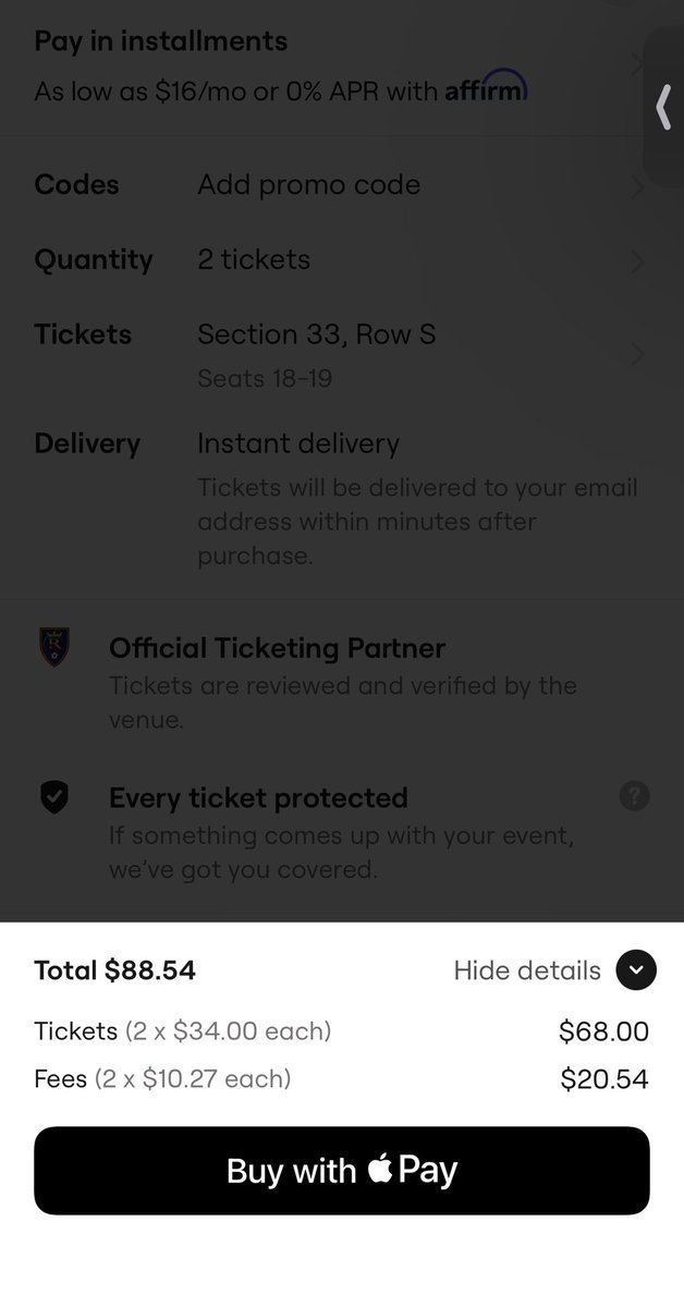 royalriothayden's tweet photo. It’s very early.. but #RSL fans look at this. 

Reseller on seatgeek very similar seats(one row away) and very similar listed price $4.00 difference per ticket. 

You pay $20 in fees for the two tickets, compared to Beehive only charging $3 https://t.co/LmYpAg28qY