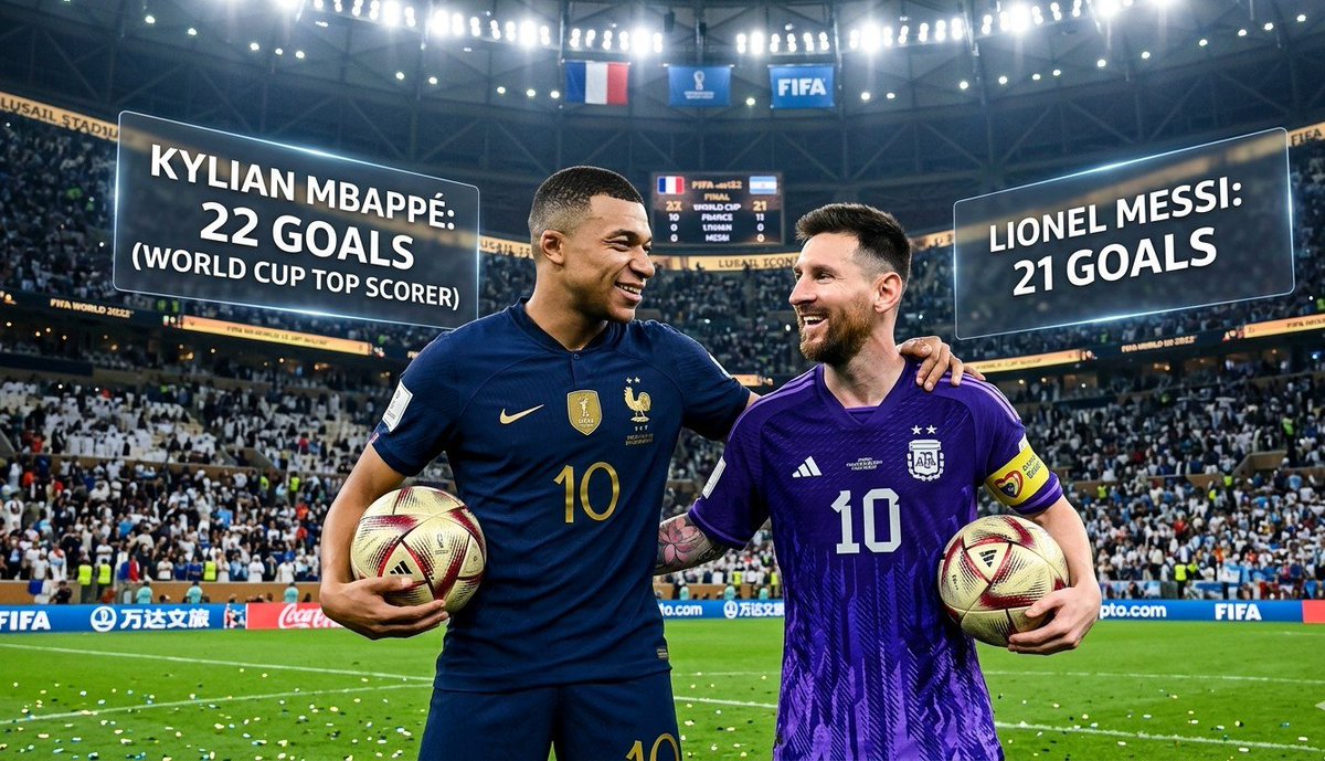 DMW_HUB's tweet photo. Kylian Mbappé stands ALONE at the top of football history!

 👑🇫🇷With his incredible brace against England, Mbappé reaches 22 career World Cup goals, officially surpassing Lionel Messi (21) to become the ALL-TIME leading goalscorer in FIFA World Cup history. https://t.co/8R6MbOayq2
