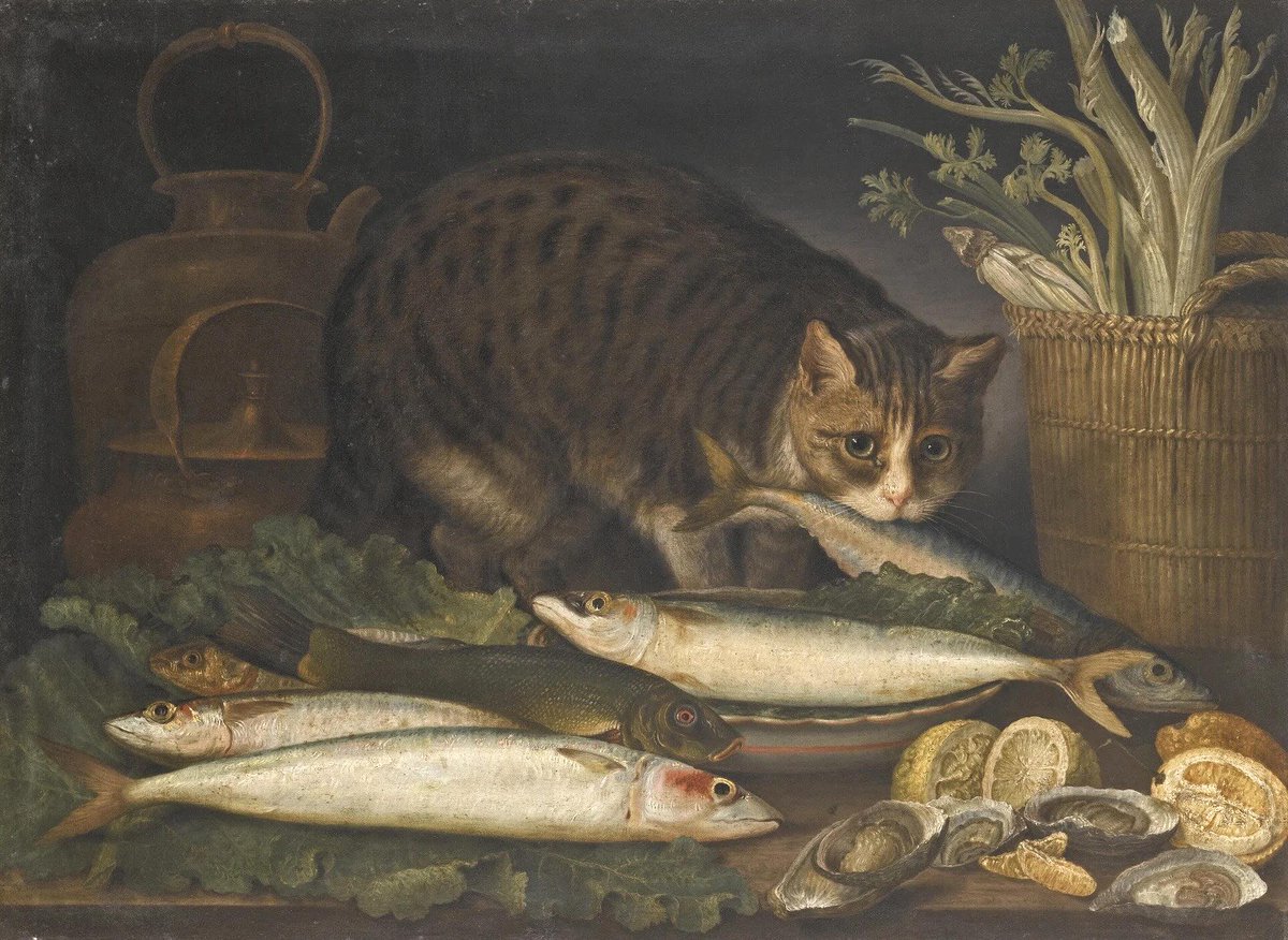 DailyClassicArt's tweet photo. Giovanni Rivalt - "Still Life with a Cat and Mackerel on a Table" https://t.co/QDI2uCFeJ4